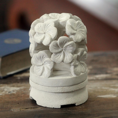 Limestone tealight candleholder, 'Frangipani Dream' - Hand Carved Limestone Flower Sculpture Candleholder