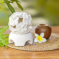 Limestone tealight candleholder, 'Hibiscus' - Carved Floral Limestone Tealight Candleholder from Bali
