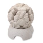 Limestone tealight candleholder, 'Hibiscus' - Carved Floral Limestone Tealight Candleholder from Bali