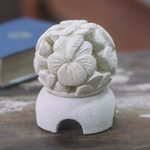 Limestone tealight candleholder, 'Hibiscus' - Carved Floral Limestone Tealight Candleholder from Bali