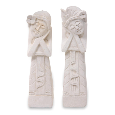 Estatuillas de piedra caliza, (par) - Estatuillas balinesas pareja soñando esculturas románticas