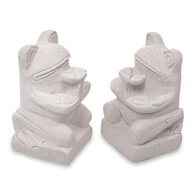 Limestone statuettes, 'Romantic Frogs' (pair) - Collectible Hand Carved Limestone Frog Sculptures (Pair)
