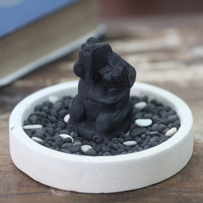 Stone figurine, 'Frangipani Frog' - Black Frog with Flower Stone Figurine with White Base