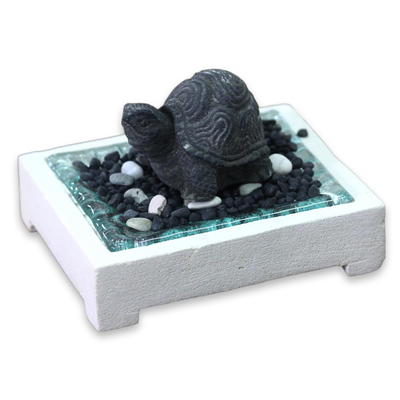 Stone figurine, 'Traveling Turtle' - Artisan Crafted Black Turtle Stone Figurine with White Base
