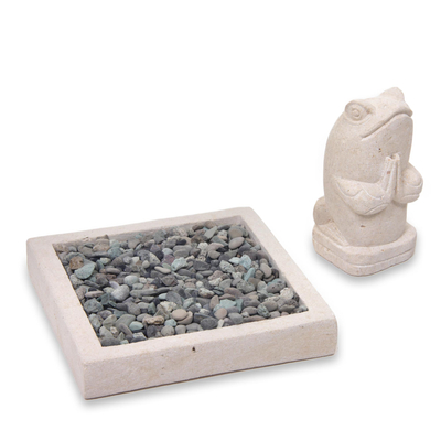 Limestone incense holder, 'Praying Frog' - Artisan Crafted Limestone Balinese Frog Incense Holder