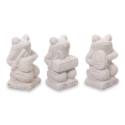 Limestone figurines, 'Musical Frogs I' (set of 3) - Artisan Crafted Limestone Balinese Frog Figurines (Set of 3)