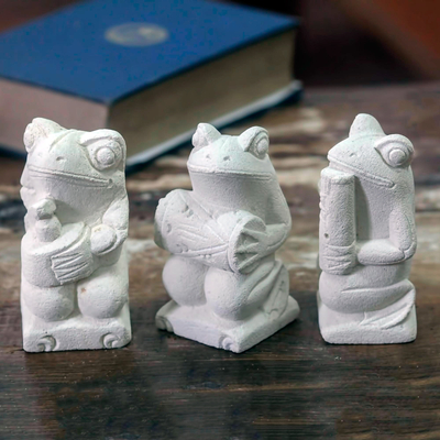 Figuras de piedra caliza (juego de 3) - Figuras de ranas de piedra caliza con instrumentos de Bali (juego de 3)