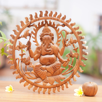Reliefplatte aus Holz - Balinesische kunstvoll geschnitzte Ganesha-Holzreliefplatte