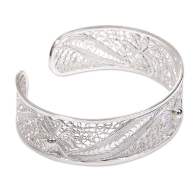 Sterling silver filigree cuff bracelet, 'White Jasmine' - Bali 925 Silver Filigree Handmade Cuff Bracelet