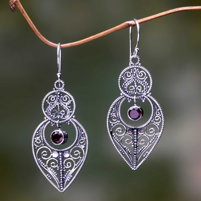 Garnet and sterling silver dangle earrings, 'Majapahit Glory' - Balinese Sterling Silver Dangle Earrings with Garnet