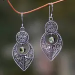 Peridot and sterling silver dangle earrings, 'Majapahit Glory' - Artisan Crafted Peridot on Sterling Silver Hook Earrings
