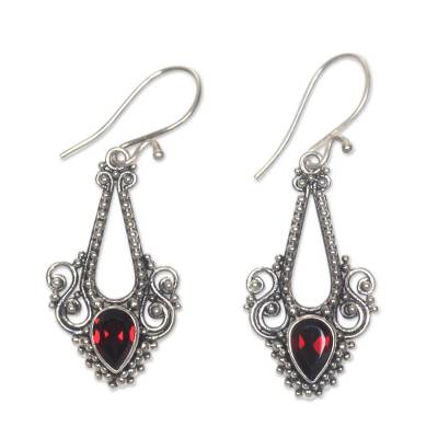 Garnet dangle earrings, 'Balinese Glitz' - Aquarius Garnet Birthstone on Sterling Silver Hook Earrings