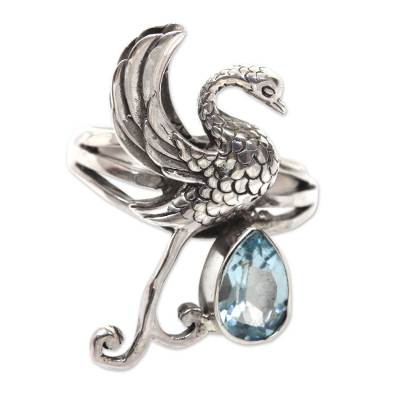 Blue topaz cocktail ring, 'Swan' - Blue Topaz Swan Theme Sterling Silver Cocktail Ring