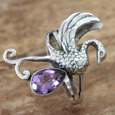 Amethyst cocktail ring, 'Swan' - Amethyst and Sterling Silver Swan Theme Cocktail Ring