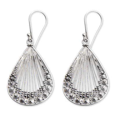 Sterling silver dangle earrings, 'Peacock Feather' - Lacy Handcrafted Sterling Silver Earrings from Bali