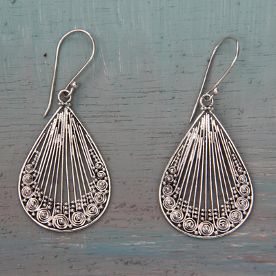 Lacy Handcrafted Sterling Silver Earrings from Bali - Peacock Feather ...
