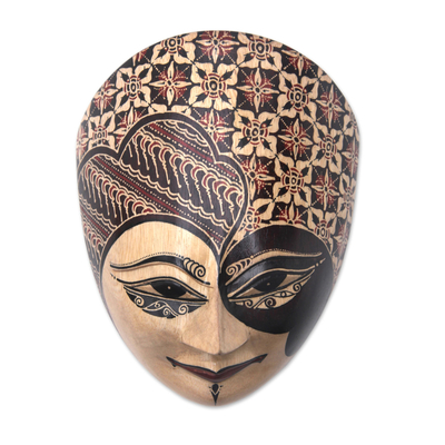 Batik Wood Mask of Distinguished Javanese Lady - Nyai | NOVICA