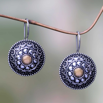 Gold accent drop earrings, 'Ancient Java Sun' - Antique Style Silver Earrings with 18k Gold Accents