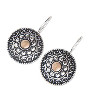 Gold accent drop earrings, 'Ancient Java Sun' - Antique Style Silver Earrings with 18k Gold Accents