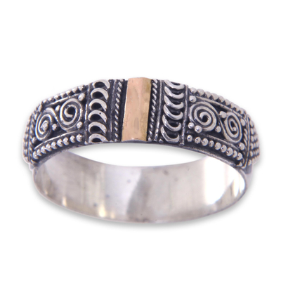Gold accent band ring, 'Beautiful Enigma' - Handcrafted Silver Ring from Bali with 18k Gold Accent