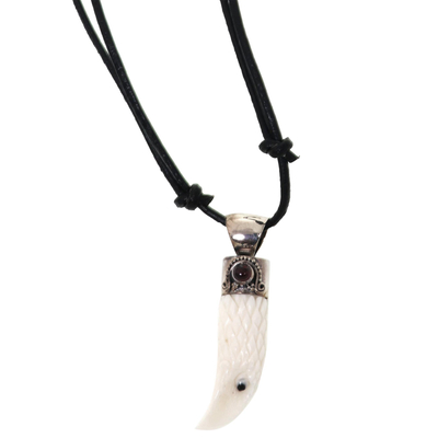Men's garnet and bone necklace, 'Brave Eagle' - Men's Sterling Silver and Garnet Eagle Head Necklace