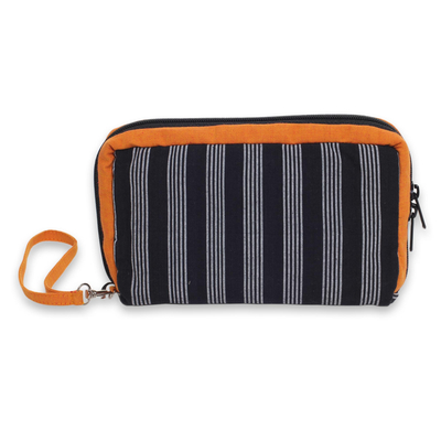 Cotton wristlet bag, 'Versatile Marigold' - Multi Pocket Wristlet Bag Hand Woven Monochrome Stripes