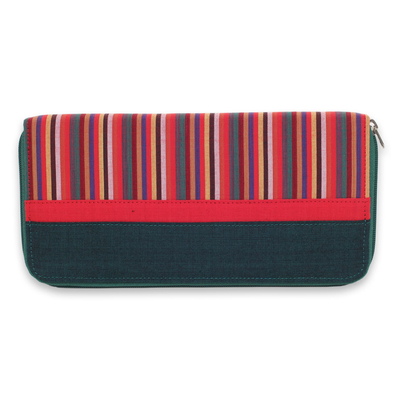 Cotton wallet, 'Dark Green Vertical Rainbow' - Hand Woven Cotton Striped Purse Multi Pocket Wallet