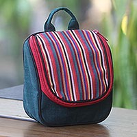 Cotton toiletry bag, 'Green Jogja' - Green Cotton Hanging Toiletry Bag with Multi Color Flap