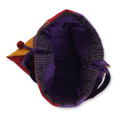 Cotton shoulder bag, 'Legendary Purple' - Hand Woven Cotton Patchwork Shoulder Bag from Bali