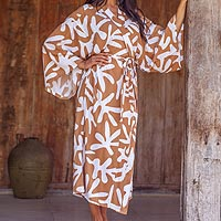 Long rayon robe, 'Balinese Spice' - Russet and White Print Long Rayon Robe from Indonesia