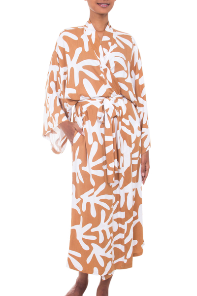 Long rayon robe, 'Balinese Spice' - Russet and White Print Long Rayon Robe from Indonesia