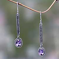 Amethyst dangle earrings, 'Falling Raindrops' - Handcrafted Balinese Amethyst and 925 Silver Earrings