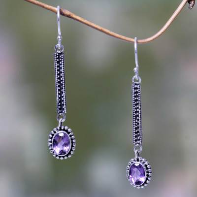 Amethyst dangle earrings, 'Falling Raindrops' - Handcrafted Balinese Amethyst and 925 Silver Earrings