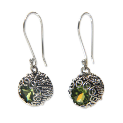 Peridot dangle earrings, 'Sanur Moon' - Bali Artisan Crafted Silver and Peridot Earrings