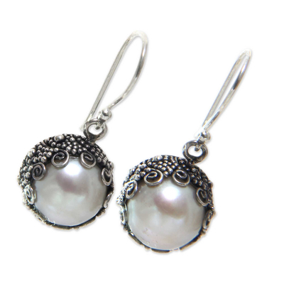 Cultured pearl dangle earrings, 'Sanur Moon' - Bali Artisan Crafted White Pearl Earrings