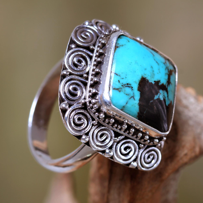 Turquoise cocktail ring, 'Celuk Treasure' - Artisan Crafted Sterling Silver Ring with Genuine Turquoise