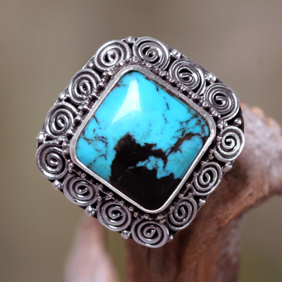 Turquoise cocktail ring, 'Celuk Treasure' - Artisan Crafted Sterling Silver Ring with Genuine Turquoise