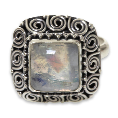 Rainbow moonstone cocktail ring, 'Celuk Treasure' - Artisan Crafted Sterling Silver Ring with Rainbow Moonstone