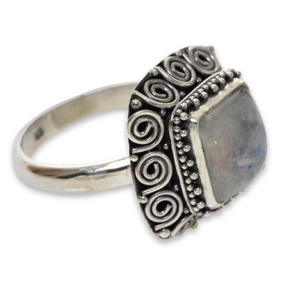 Rainbow moonstone cocktail ring, 'Celuk Treasure' - Artisan Crafted Sterling Silver Ring with Rainbow Moonstone