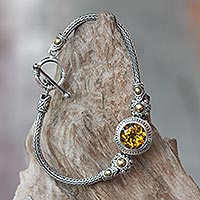 Gold accent citrine braided bracelet, 'Tenganan Warmth' - Gold Accent Braided Sterling Bracelet with Citrine