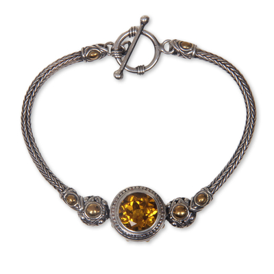 Gold accent citrine braided bracelet, 'Tenganan Warmth' - Gold Accent Braided Sterling Bracelet with Citrine
