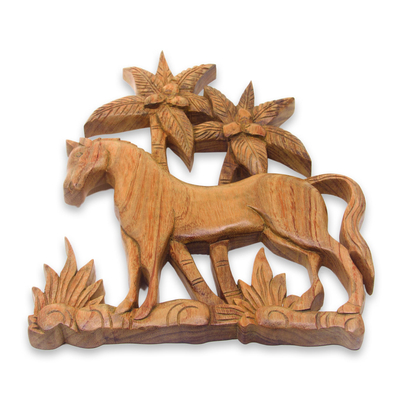 Wood relief panel, 'Sumba Pony' - Artisan Carved Horse Motif Balinese Relief Sculpture