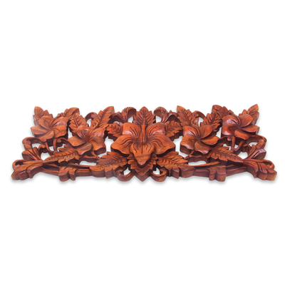 Wood relief panel, 'Hibiscus Quintet' - Balinese Fair Trade Floral Wood Relief Panel
