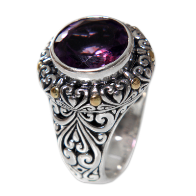 Gold accent amethyst cocktail ring, 'Sukawati Romance' - Gold Accent Handcrafted Silver Cocktail Ring with Amethyst