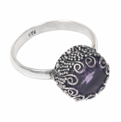 Amethyst cocktail ring, 'Sanur Moon' - Artisan Crafted Sterling Silver and Amethyst Ring