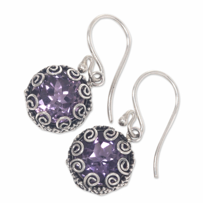 Amethyst dangle earrings, 'Sanur Moon' - Bali Sterling Silver Artisan Crafted Amethyst Earrings