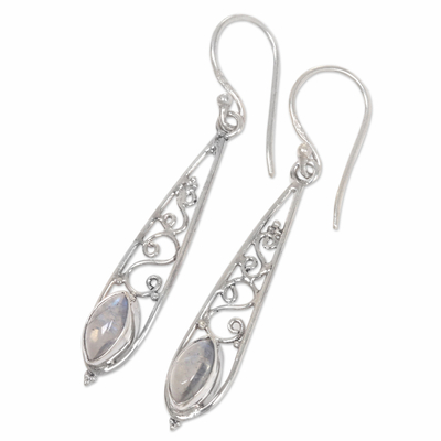 Rainbow moonstone dangle earrings, 'Jasmine Dew' - Artisan Crafted Rainbow Moonstone Silver Dangle Earrings
