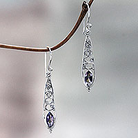Amethyst dangle earrings, 'Jasmine Dew' - Artisan Crafted Amethyst and Silver Dangle Earrings
