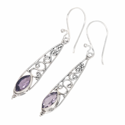 Amethyst dangle earrings, 'Jasmine Dew' - Artisan Crafted Amethyst and Silver Dangle Earrings