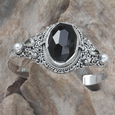 Cultured pearl and onyx floral cuff bracelet, 'Frangipani Treasures' - Sterling Silver Bracelet with Onyx and Pearl Floral Jewelry